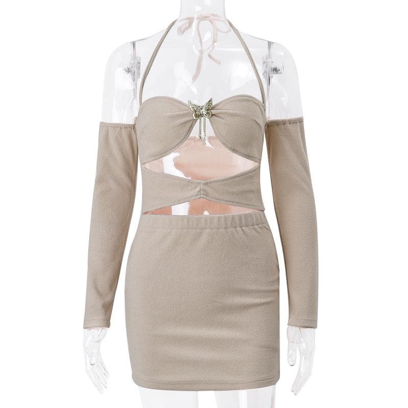 Halter Neck Off Shoulder Long Sleeve Cut Out Bodycon Mini Dress - View 2