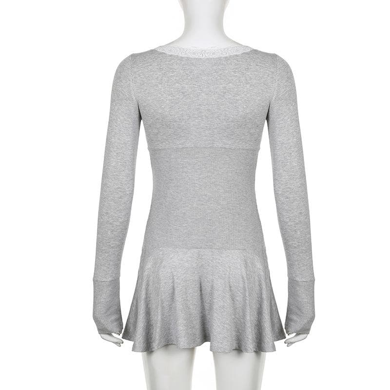 Lace hem square neck contrast long sleeve ruffle mini dress - View 9