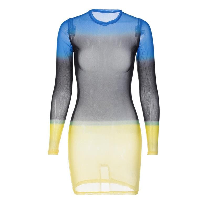 Contrast sheer mesh see through long sleeve crewneck mini dress - View 9