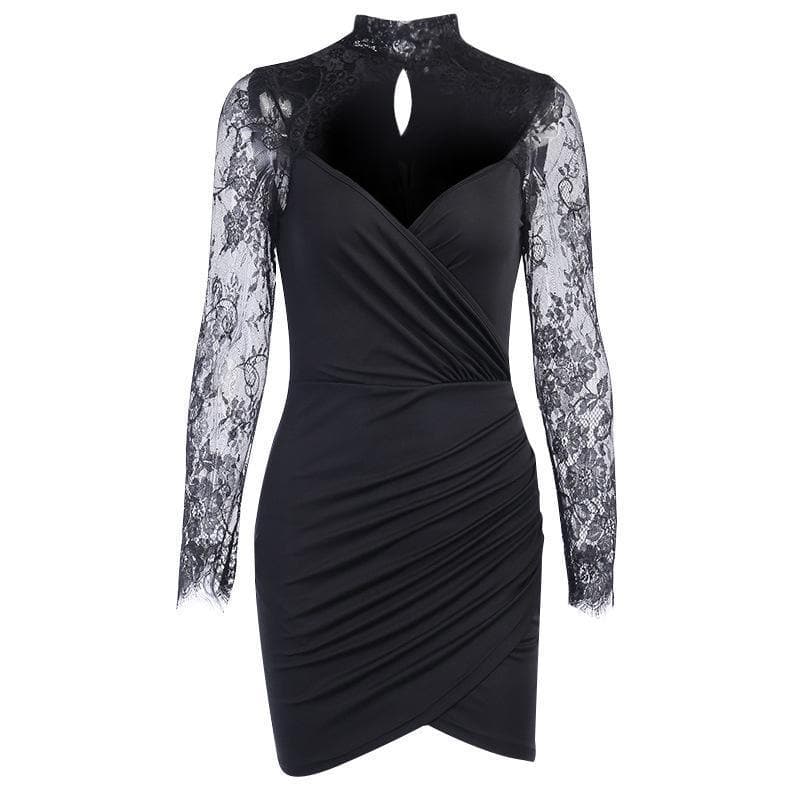 Hem lace low-cut high neck ruched midi dress - View 6