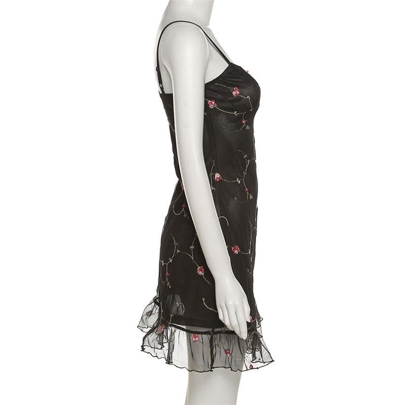 Satin Floral Embroidery Sweetheart Spaghetti Strap Mini Dress - View 3