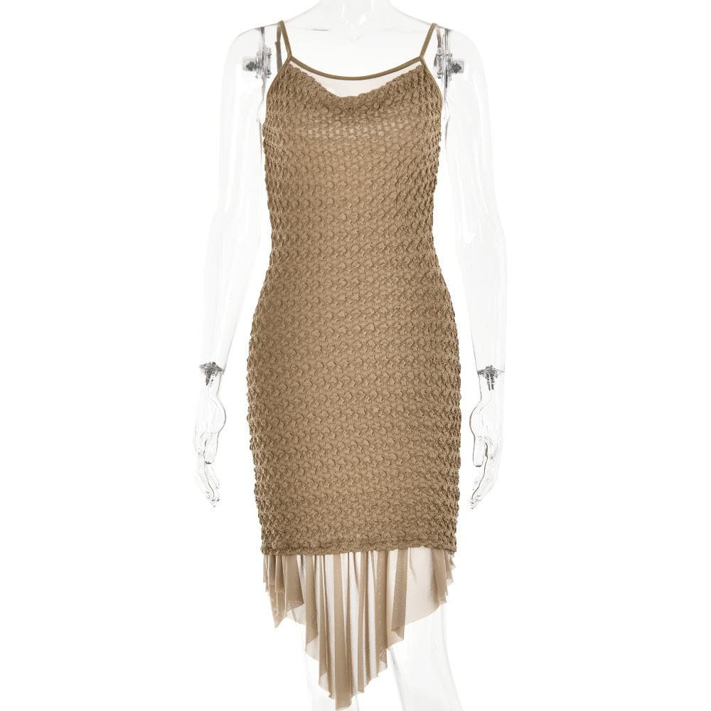 Textured mesh solid ruched irregular cami midi dress - View 8