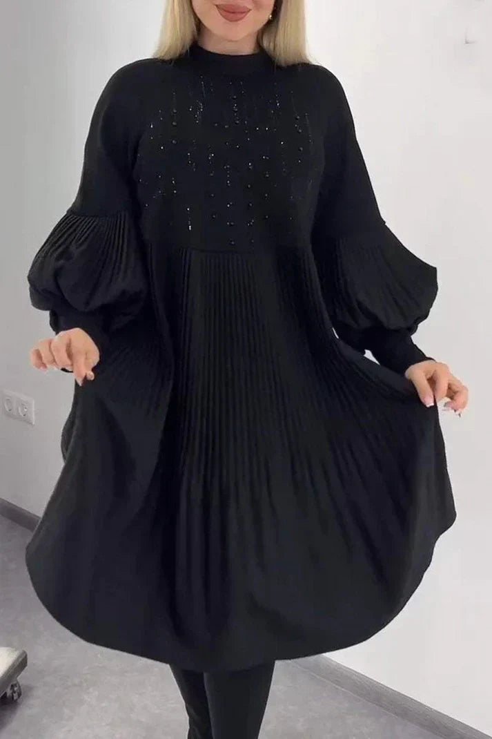 Beaded High Neck Pleated Lantern Sleeve Smock Mini Dress