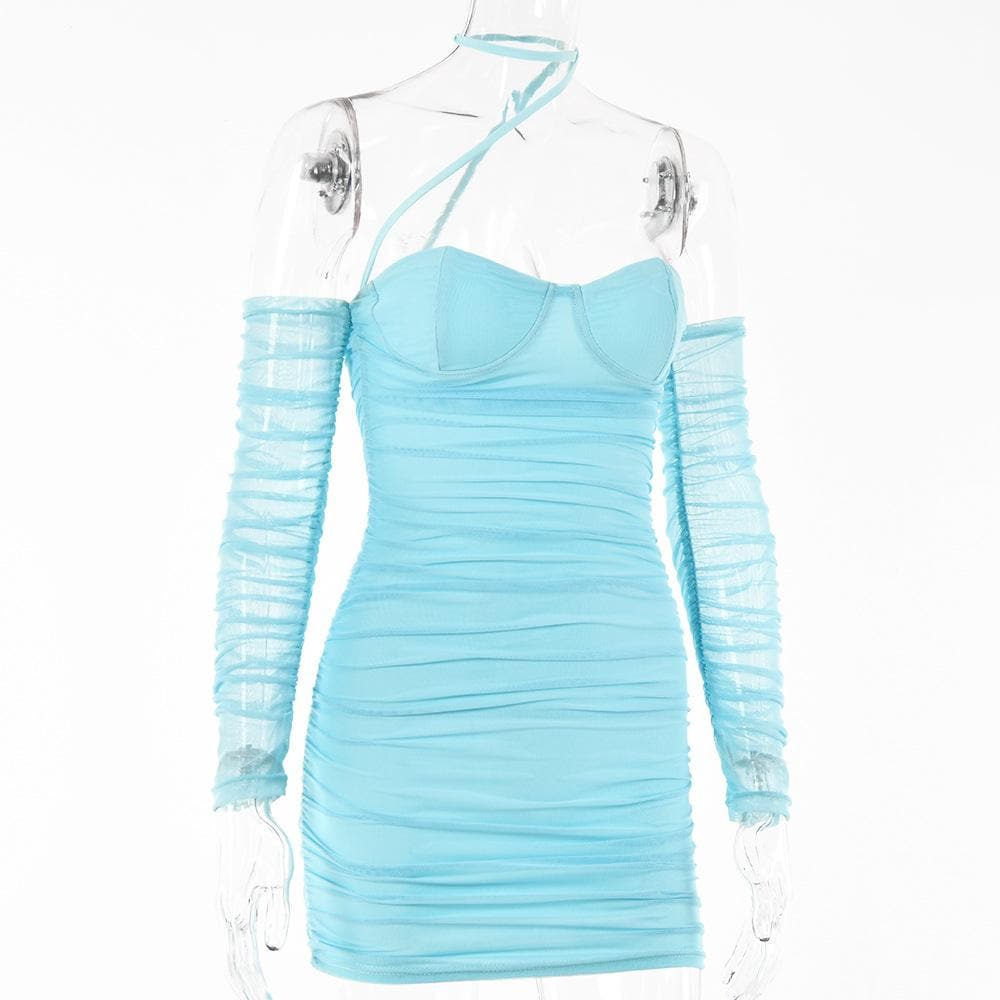 Mesh Halter Neck Off Shoulder Long Sleeve Ruched Bodycon Mini Dress - View 3