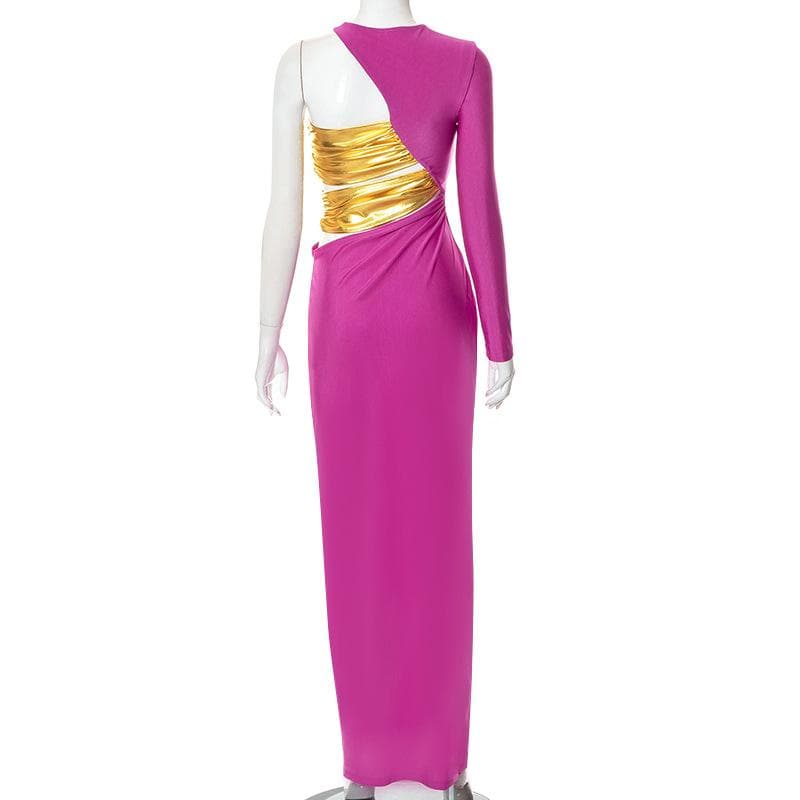 One shoulder ruched contrast long sleeve metallic maxi dress - View 3