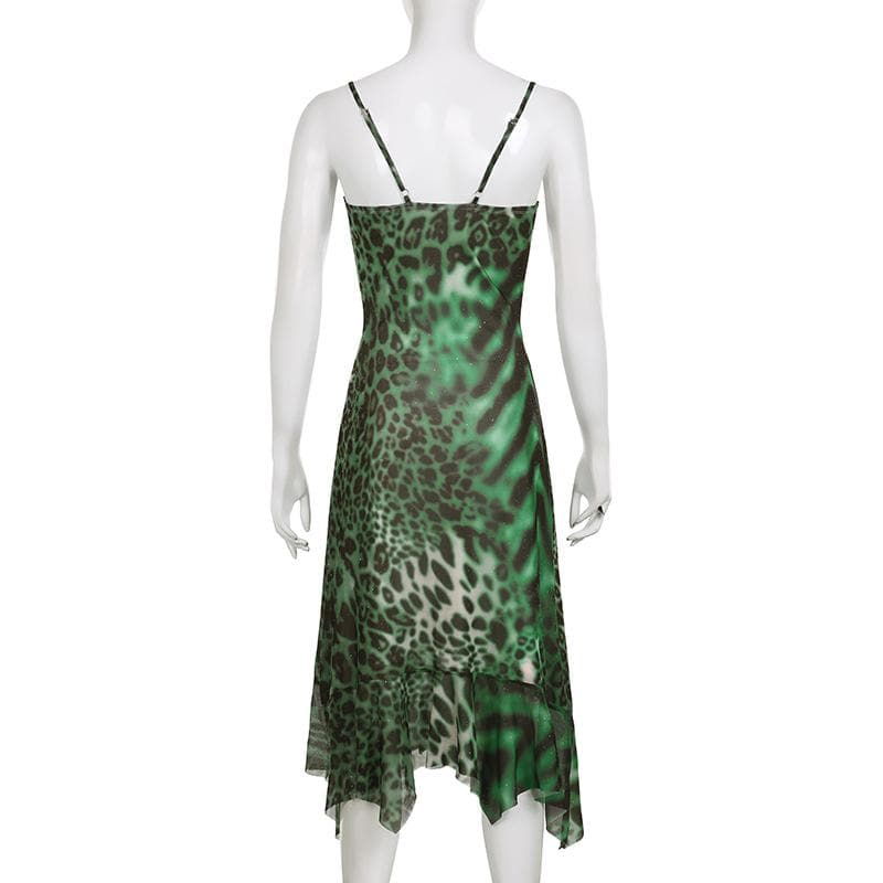 Leopard print cowl neck contrast ruffle backless mesh maxi dress - View 4