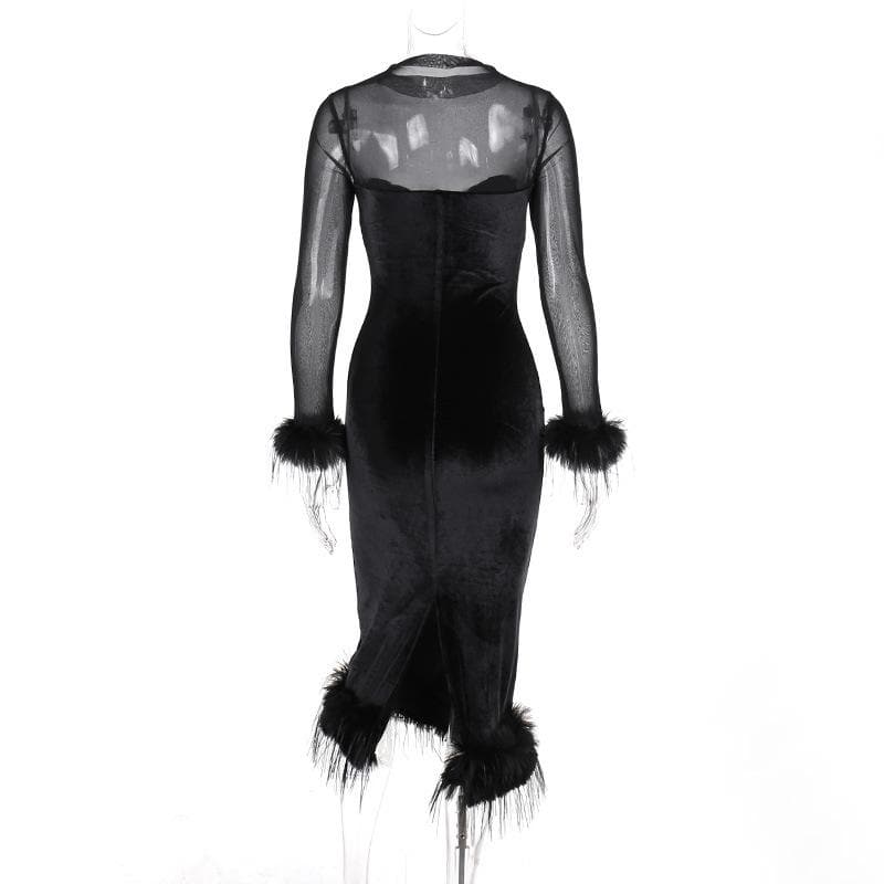 Long sleeve feather velvet mesh patchwork slit high neck midi dress - View 7
