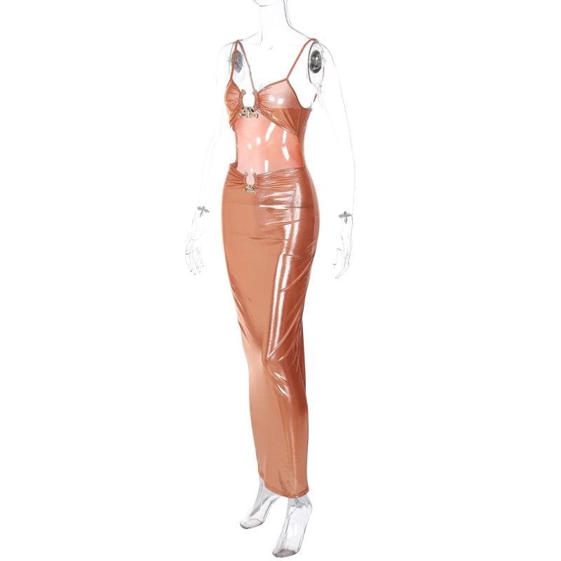 Hollow out metallic ruched backless metal applique cami maxi dress - View 3