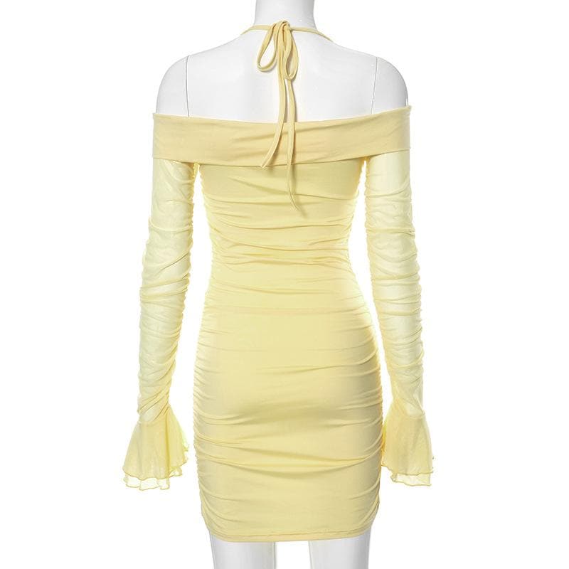 Off Shoulder Halter Neck Long Sleeve Mesh Ruched Bodycon Mini Dress - View 4