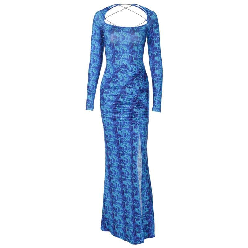 Lace up backless long sleeve slit ruched contrast print maxi dress - View 2