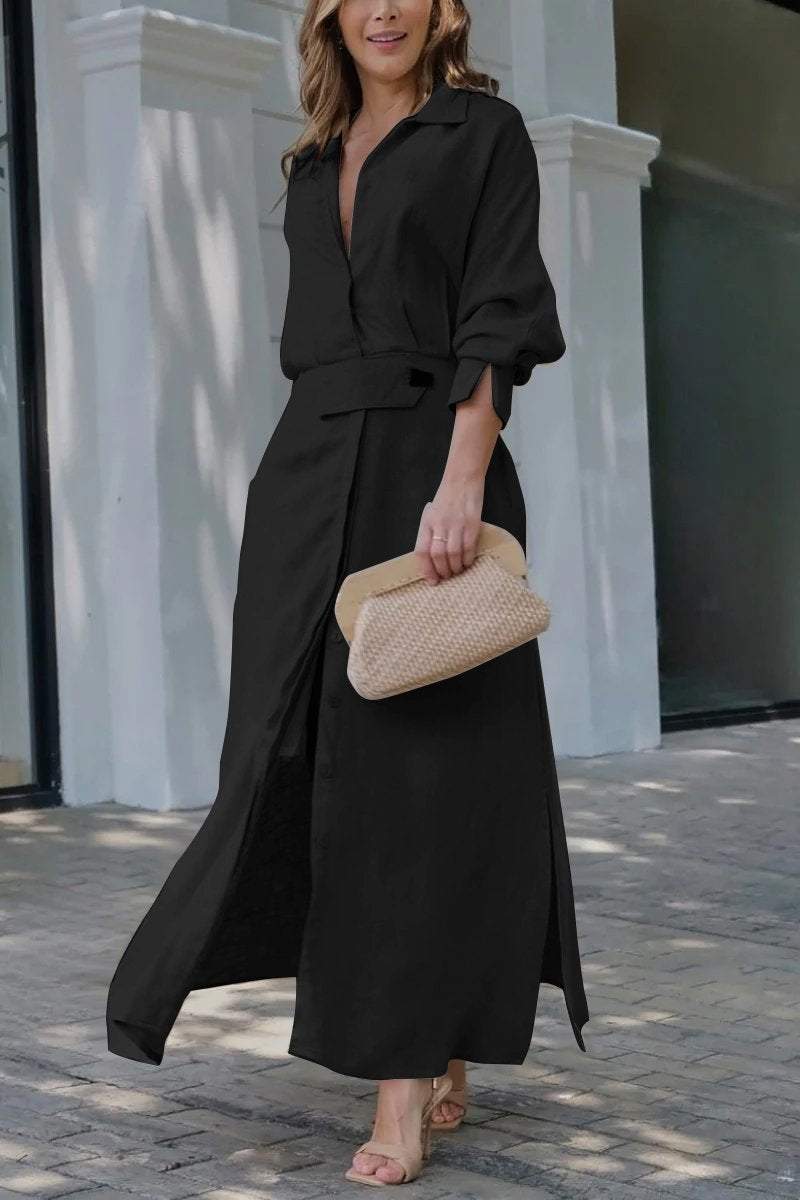 Collared Button Front Belted Long Sleeve Maxi Shirt Dress 4