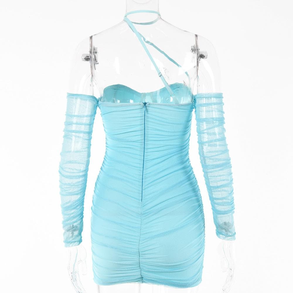 Mesh Halter Neck Off Shoulder Long Sleeve Ruched Bodycon Mini Dress - View 4