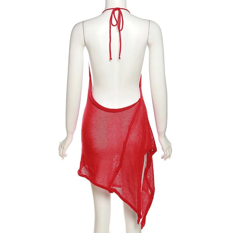 Knit Halter Neck Backless High Low Mini Dress - View 3