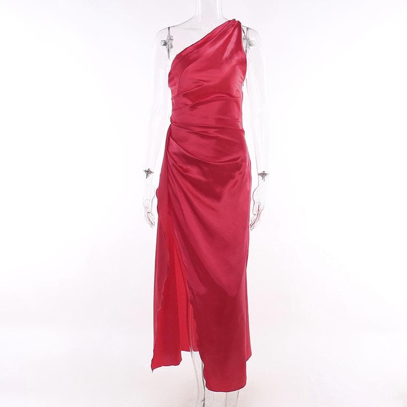 Slit solid satin one shoulder irregular ruched maxi dress - View 2