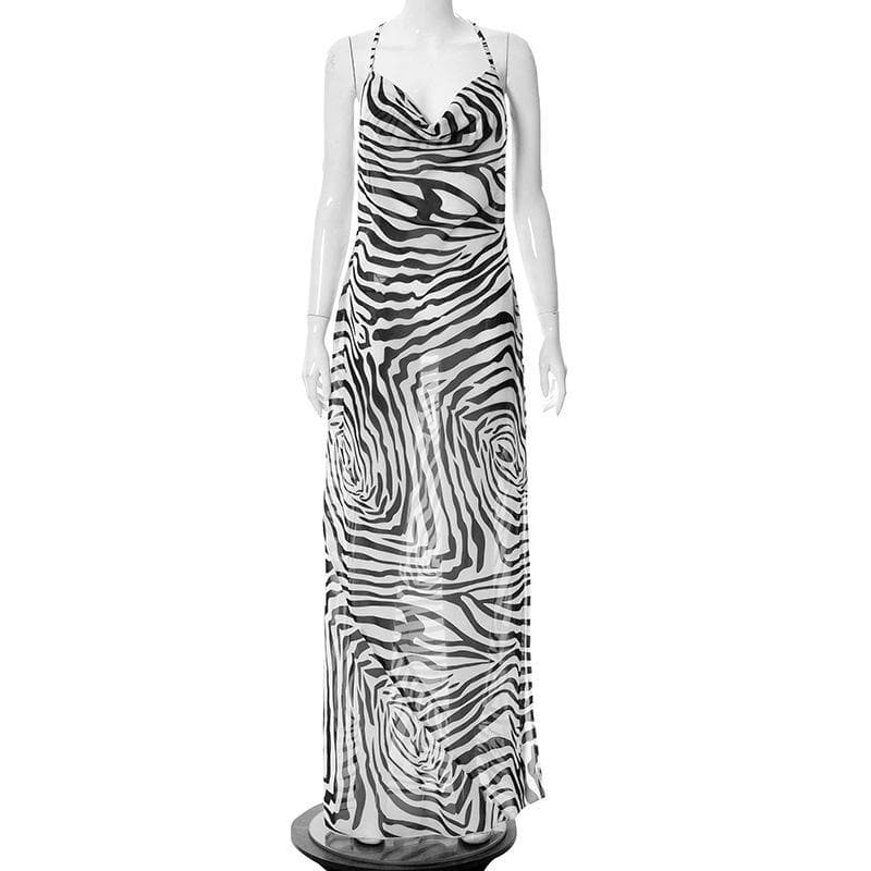 Cowl neck print cross open back maxi chiffon dress