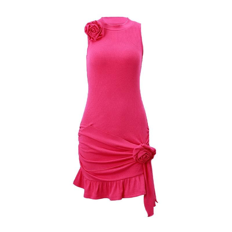 Ribbed Knit Sleeveless Flower Applique Ruffle Asymmetric Mini Dress - View 2