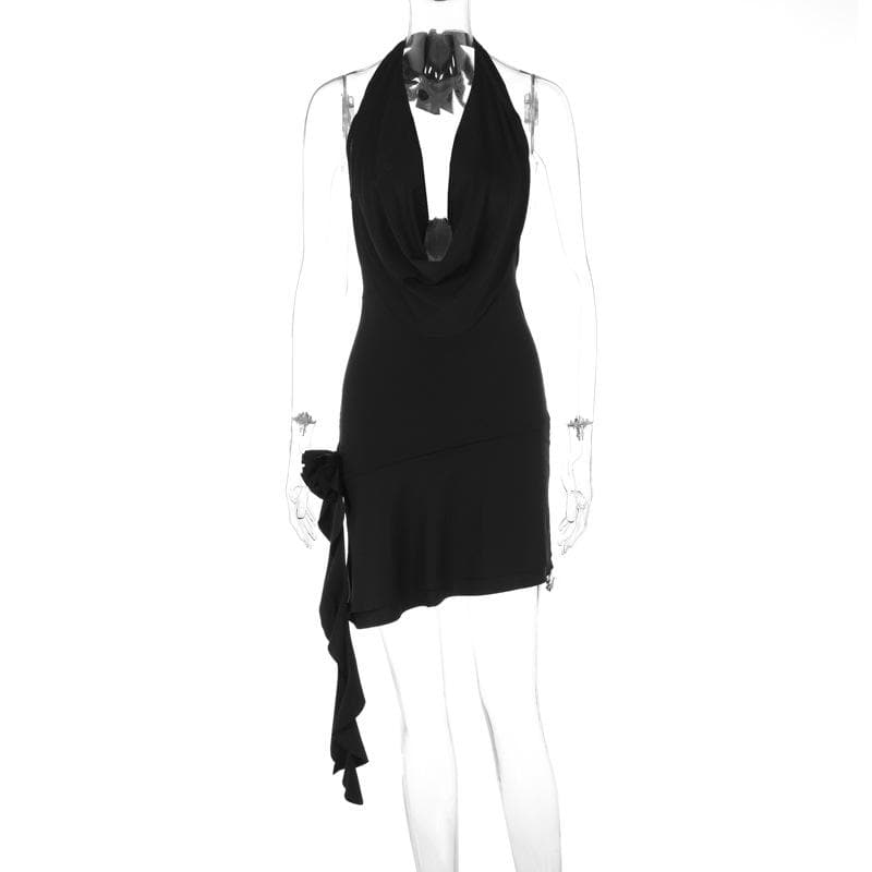 Halter Deep Cowl Neck Backless Ruffle Mini Dress - View 4