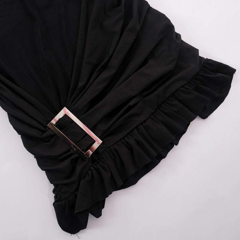 Mesh one shoulder buckle ruffle irregular mini dress - View 5