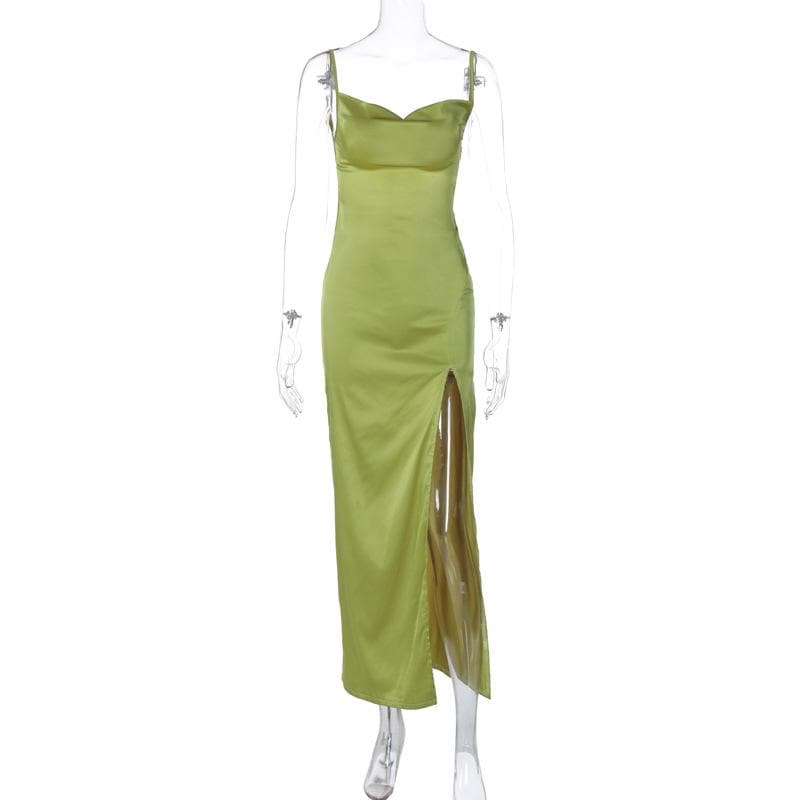 Cowl neck solid backless slit satin cami maxi dress - View 3