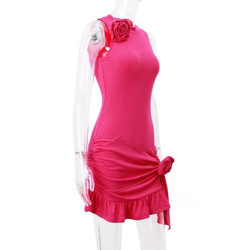 Ribbed Knit Sleeveless Flower Applique Ruffle Asymmetric Mini Dress - View 3
