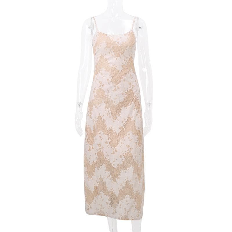 Lace u neck zip-up backless self tie cami midi dress - View 3