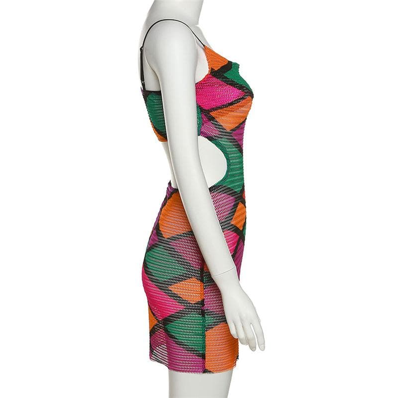 Crochet Mesh Geometric Waist Cut Out Bodycon Mini Dress - View 4