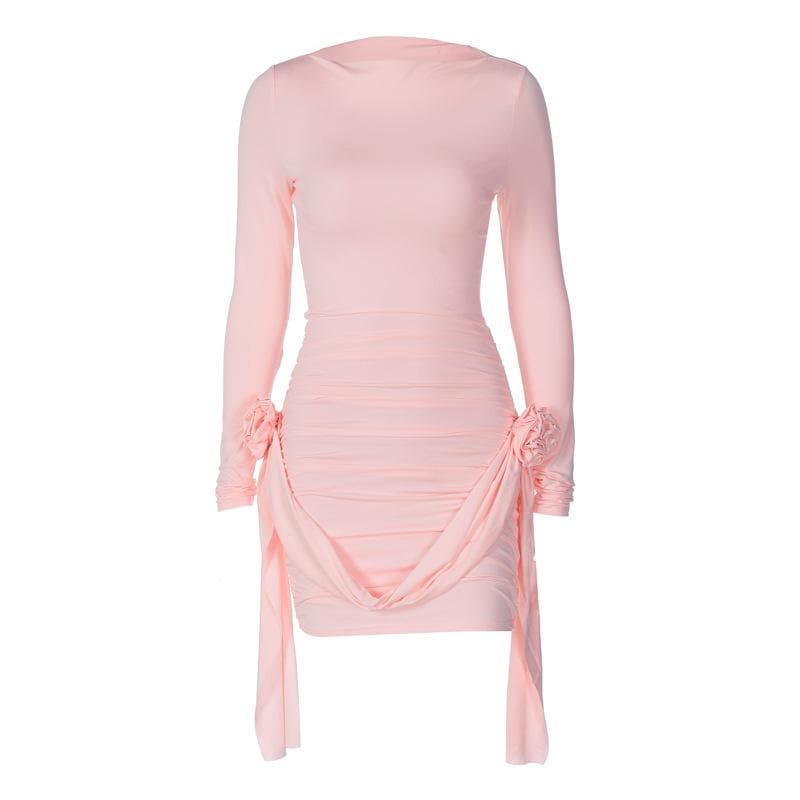 Boat Neck Long Sleeve Ruched Rosette Draped Bodycon Mini Dress - View 2