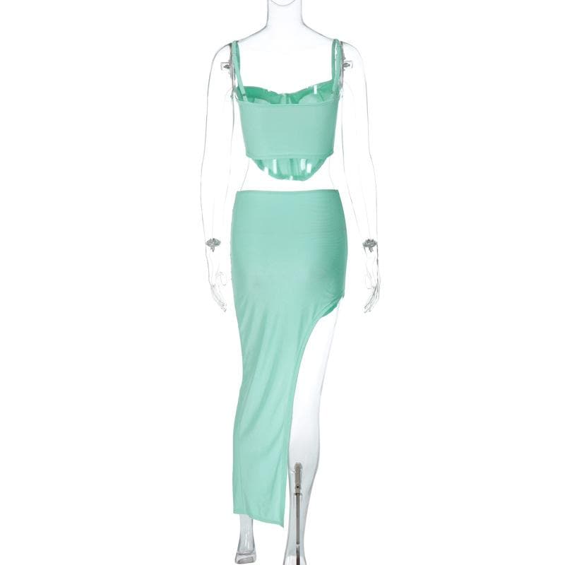 Low Cut Corset Ruched Backless High Split Maxi Dress - View 6