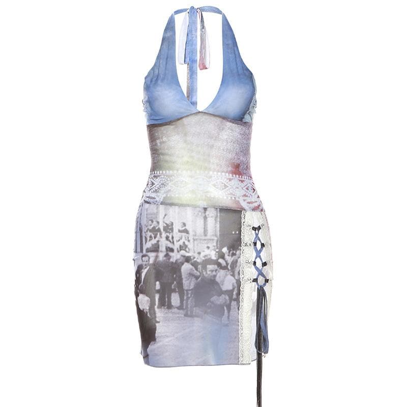 Mesh Print Halter Neck Lace Up Slit Mini Dress - View 8