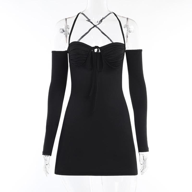 Lace up solid cross back off shoulder long sleeve mini dress - View 3