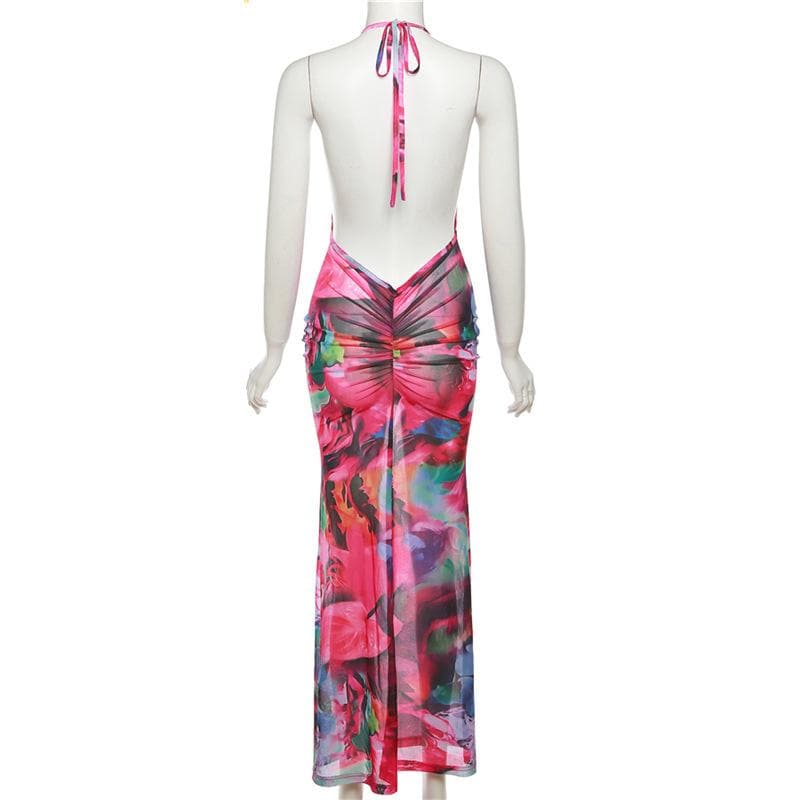 Ruched halter sheer mesh see through backless maxi dress - View 4