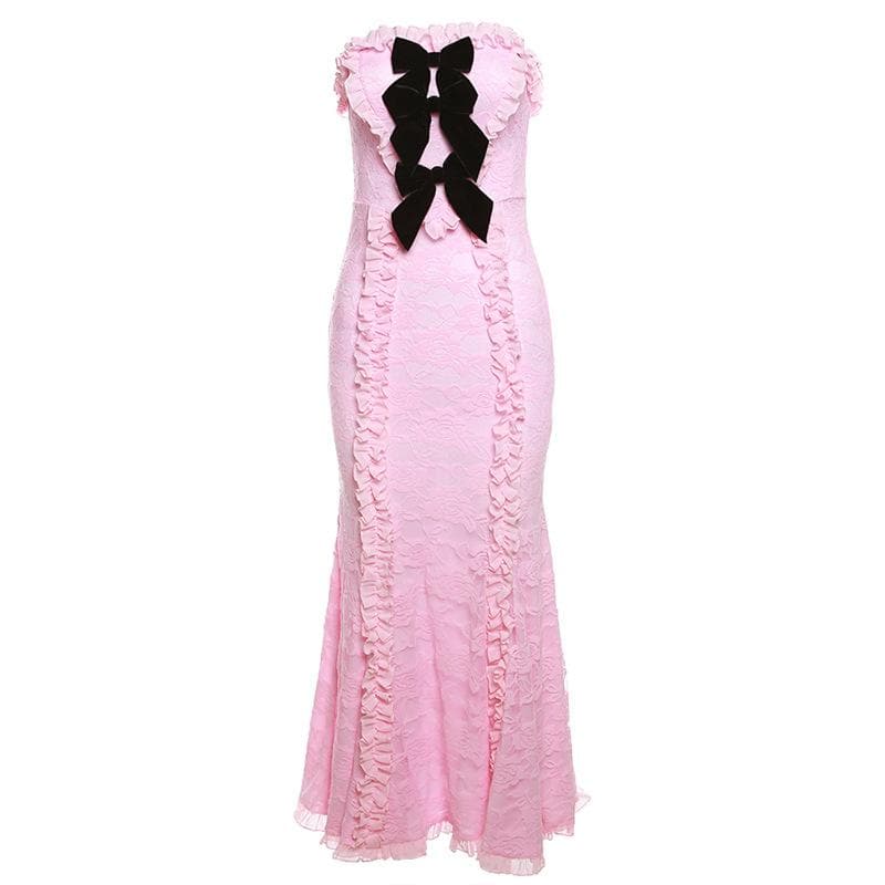 Lace contrast bowknot zip-up ruffle backless tube maxi dress - View 6