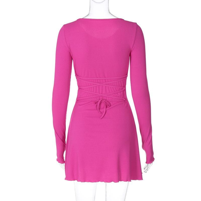 Ribbed Long Sleeve Lace Up Ruffle Mini Dress - View 4