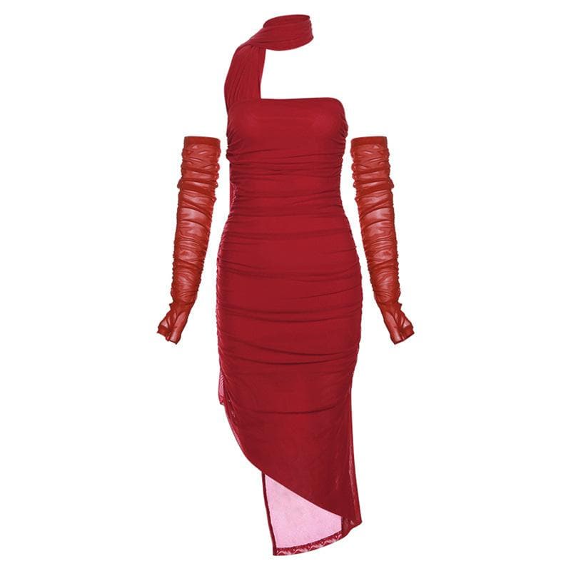 Mesh gloves ruched halter solid slit backless maxi dress - View 9