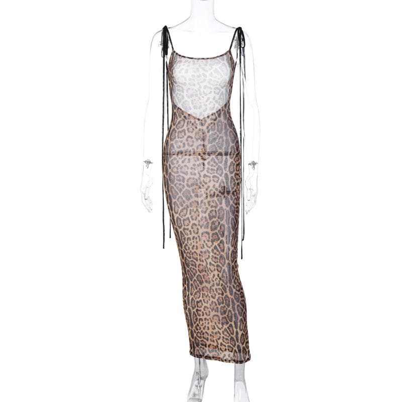PRE ORDER - Mesh leopard print backless self tie ruched maxi dress - View 14