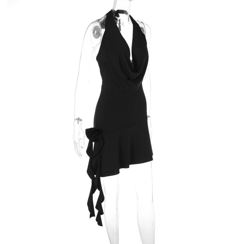 Halter Deep Cowl Neck Backless Ruffle Mini Dress - View 5
