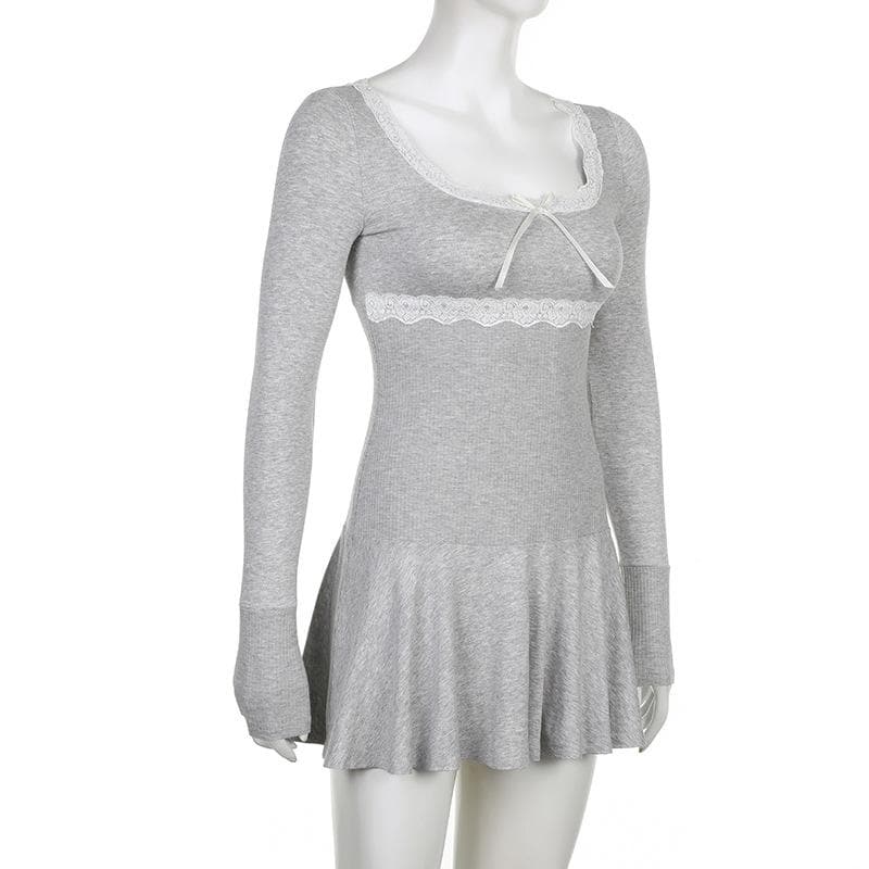 Lace hem square neck contrast long sleeve ruffle mini dress - View 5