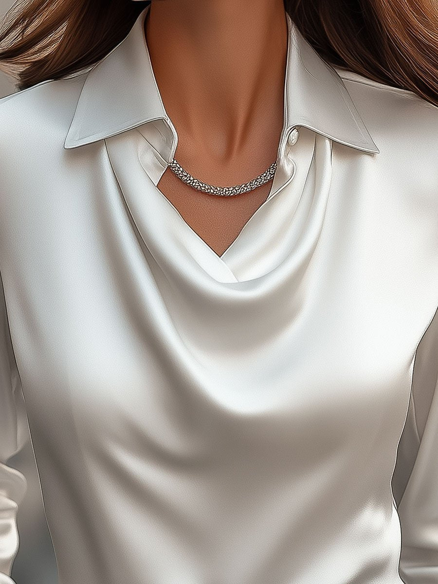 Satin Cowl Neck Collared Long Sleeve Blouse 2
