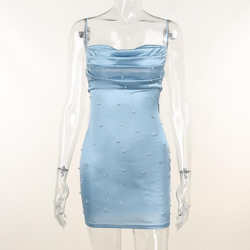 Sleeveless solid backless cowl neck beaded cami dress - View 2