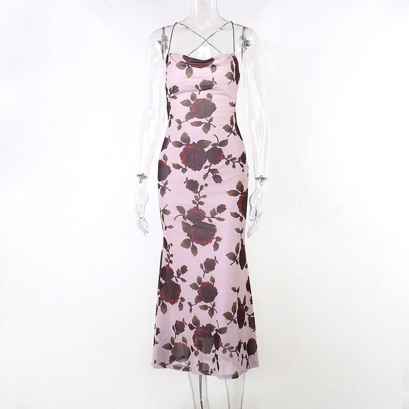 Floral Print Cowl Neck Cross Back Slip Midi Dress - View 2
