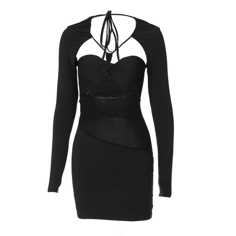 Halter Neck Long Sleeve Mesh Cut Out Twist Bodycon Mini Dress - View 2