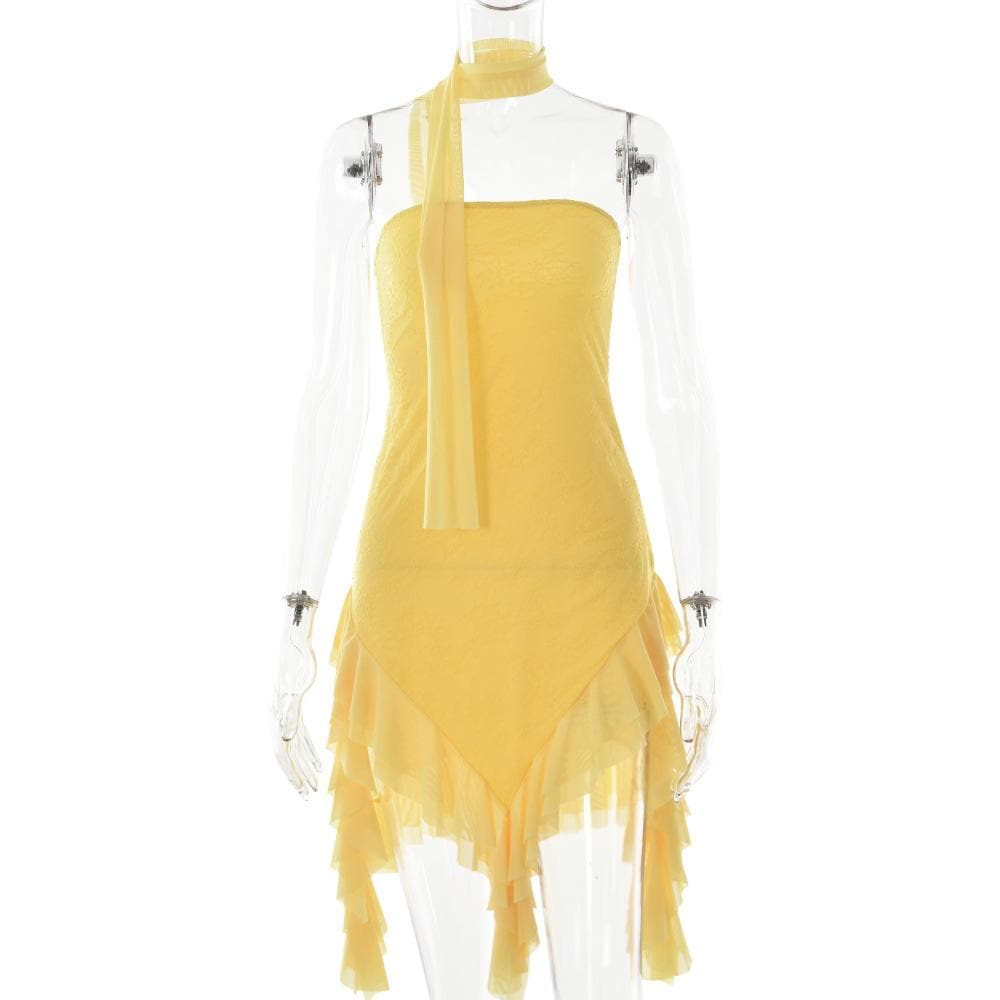 Mesh ruffle ribbon irregular solid backless tube mini dress - View 4