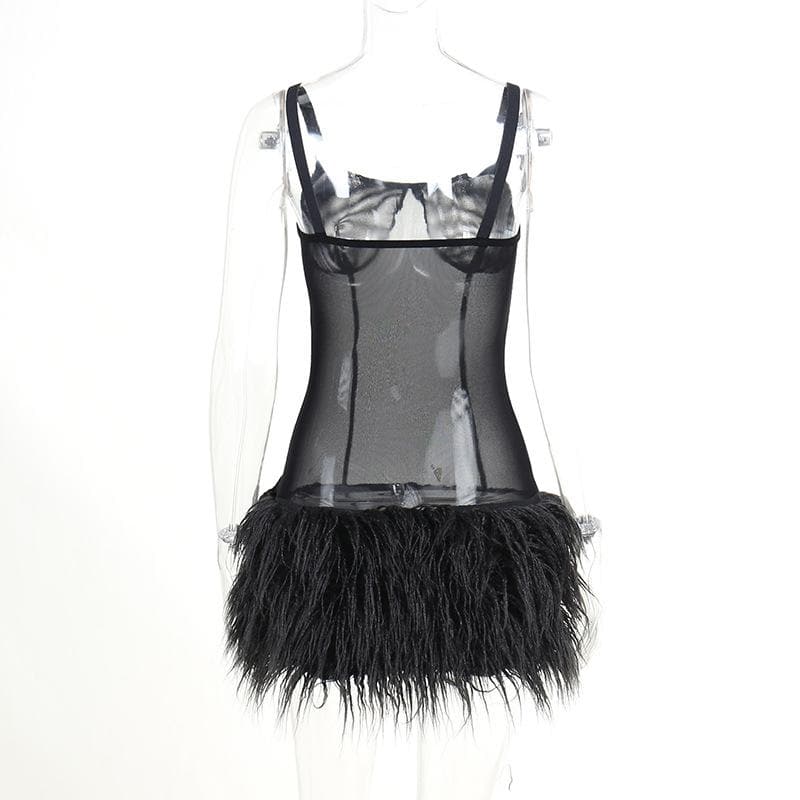 Mesh see through feather sleeveless backless mini dress - View 5