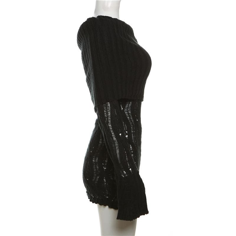 Crochet off shoulder long sleeve hollow out mini dress - View 3