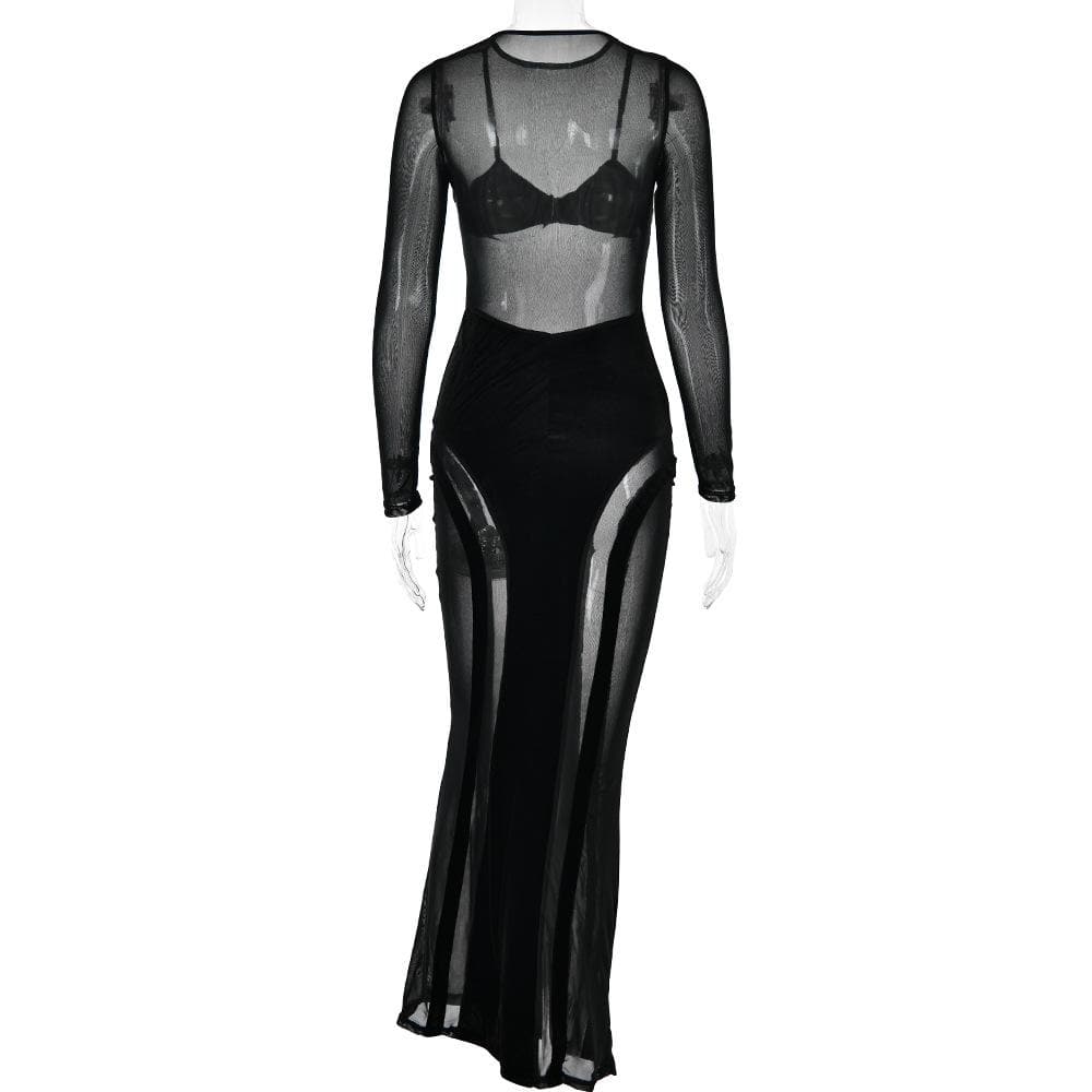 Mesh patchwork velvet solid long sleeve maxi dress - View 5