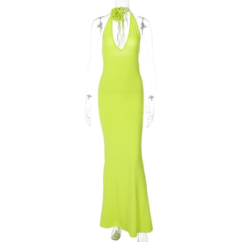 Deep V-Neck Halter Backless Rosette Bodycon Maxi Dress - View 4