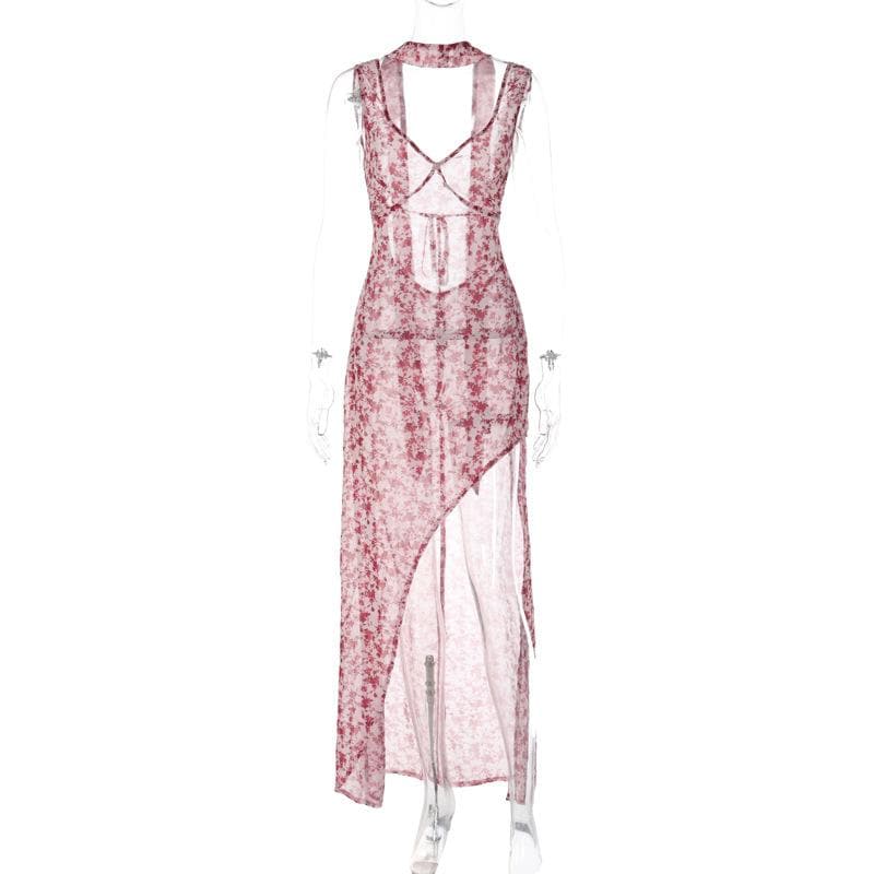 Chiffon flower print contrast backless v neck sleeveless maxi dress - View 9