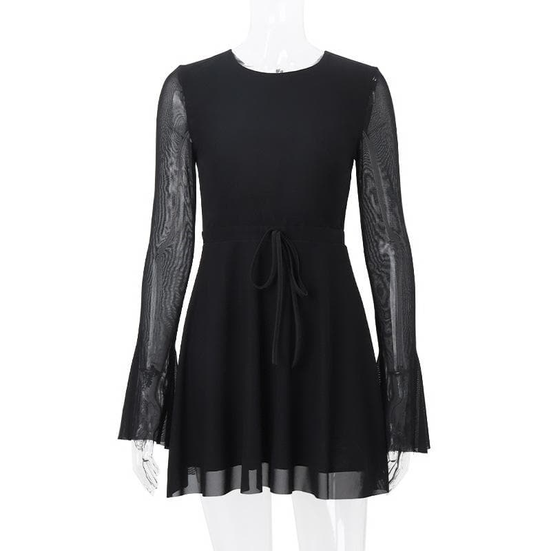Long flared sleeve crewneck self tie mesh backless mini dress - View 3