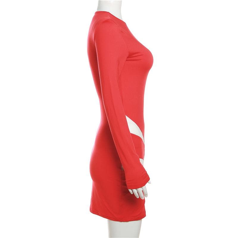 Mesh long sleeve crewneck patchwork contrast mini dress - View 7