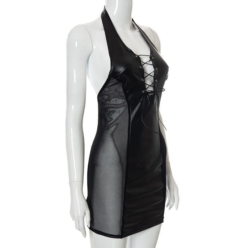 Lace up mesh PU leather patchwork halter dress - View 9